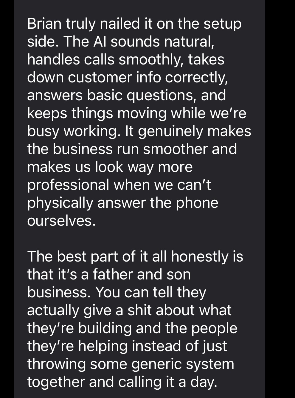 Testimonial from Patrick S. at Electric City Mobile Mechanics